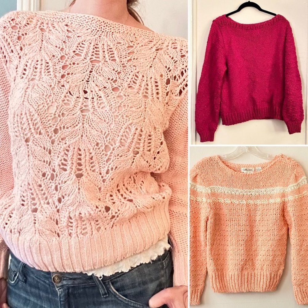 LOT/3 VTG 80s/90s Knit Long Sleeve Sweaters Top-PInk,Fuchsia,Blush, Solid Stripe